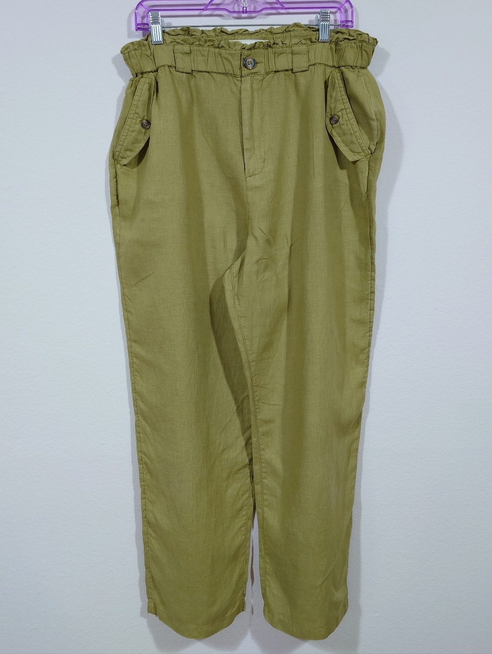 C&C California Linen Pants Women L Olive Green Paperbag Waist Relaxed Fit